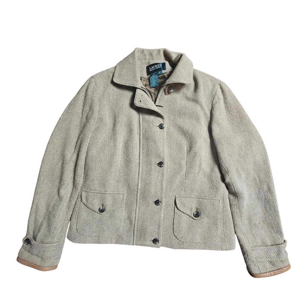 Lauren Ralph Lauren Womens Cotton Tweed Blazer Jacket 6 Leather Trim Old Money